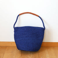 サイザルバスケット SMサイズ(革巻き1ハンドル) インディゴブルー(革:キャメル)