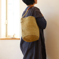 サイザルバスケット SMサイズ(革巻き1ハンドル) インディゴブルー(革:キャメル)