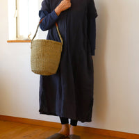 サイザルバスケット SMサイズ(革巻き1ハンドル) インディゴブルー(革:キャメル)