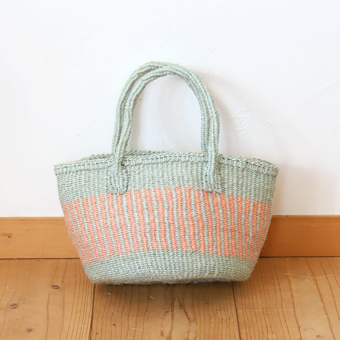 サイザルバスケット SSサイズ  ストライプパターン　アイスブルー・コーラルピンク